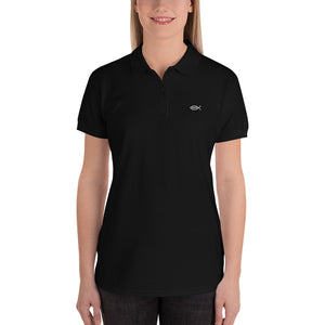 Embroidered Polo Shirt with Ichthys Logo Ladies' (Black)