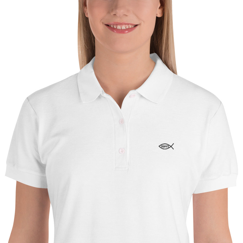 Ladies' Embroidered Polo Shirt with Ichthys Logo White