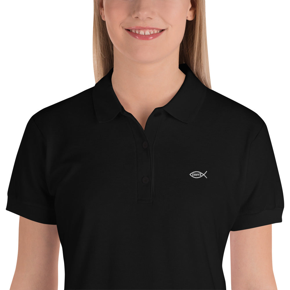 Embroidered Polo Shirt with Ichthys Logo Ladies' (Black)