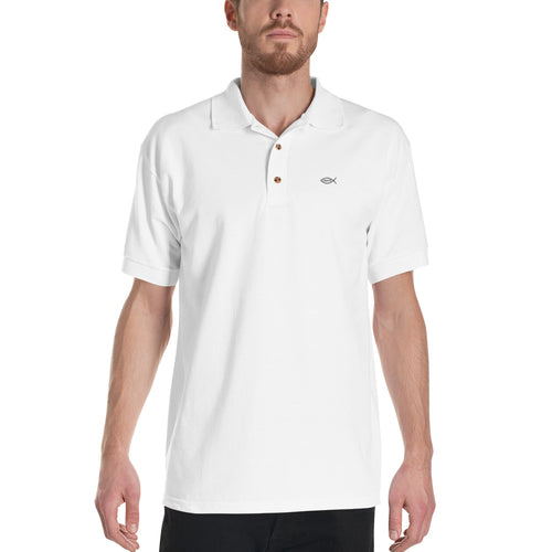 White Embroidered Polo Shirt with Ichthys Logo