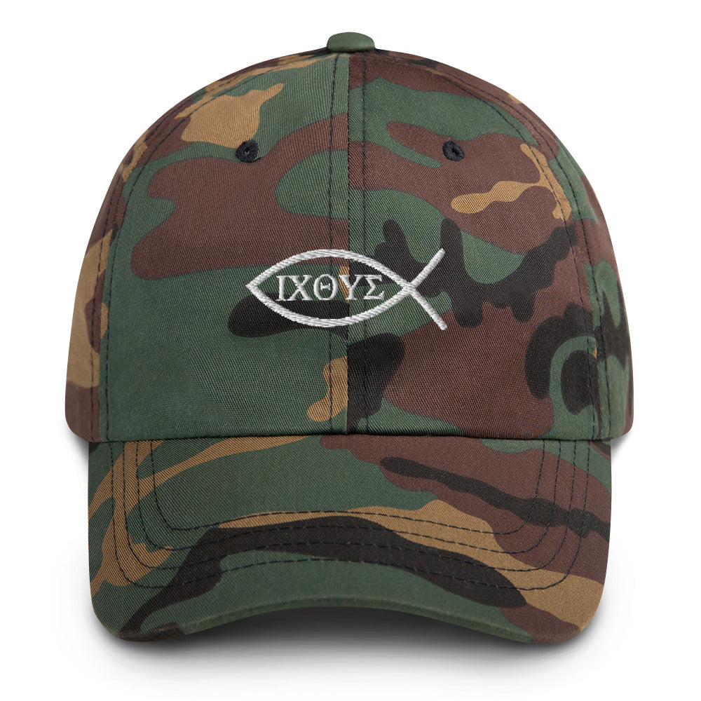 Dad Hat with Embroidered Ichthys Logo Camo